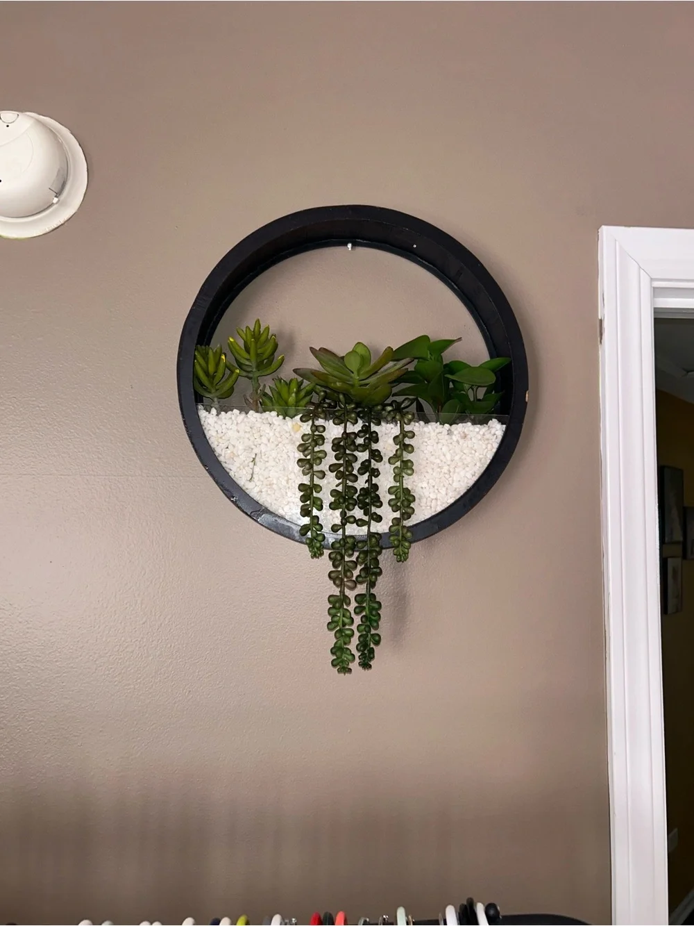 Black Circular Wall Planter with Green Succulents- wall decor- 13in WIDTH- 14inH